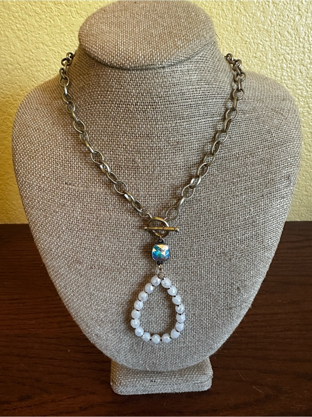 Pink panache Chain Necklace with White Beaded Teardrop Pendant